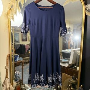 Miusol Women’s Navy and White Embroidered Aline Short Sleeve Midi Dress